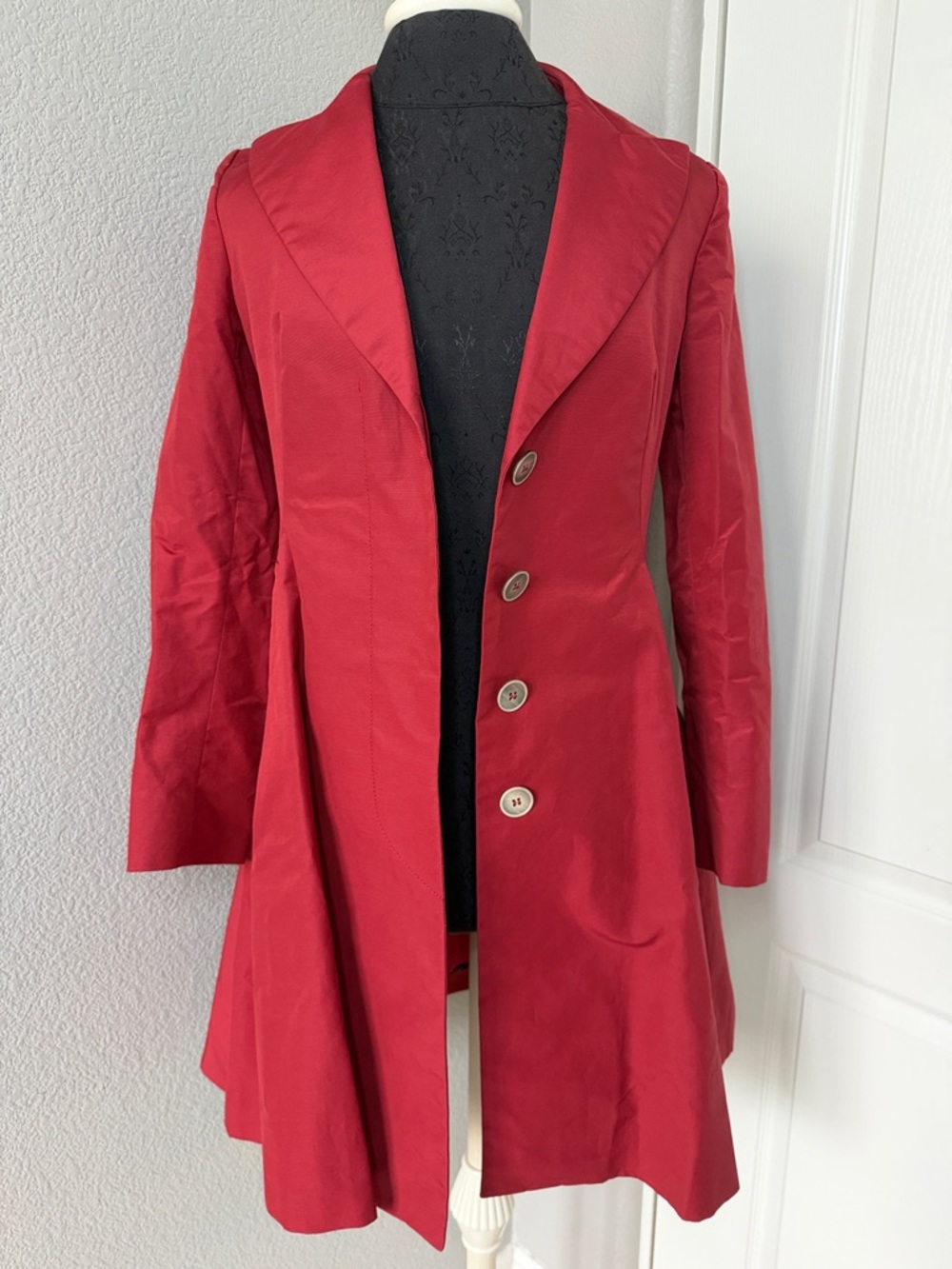 Sportmax Vintage Red Flared Button-Front Trench Coat Pleated Jacket Blazer US 2